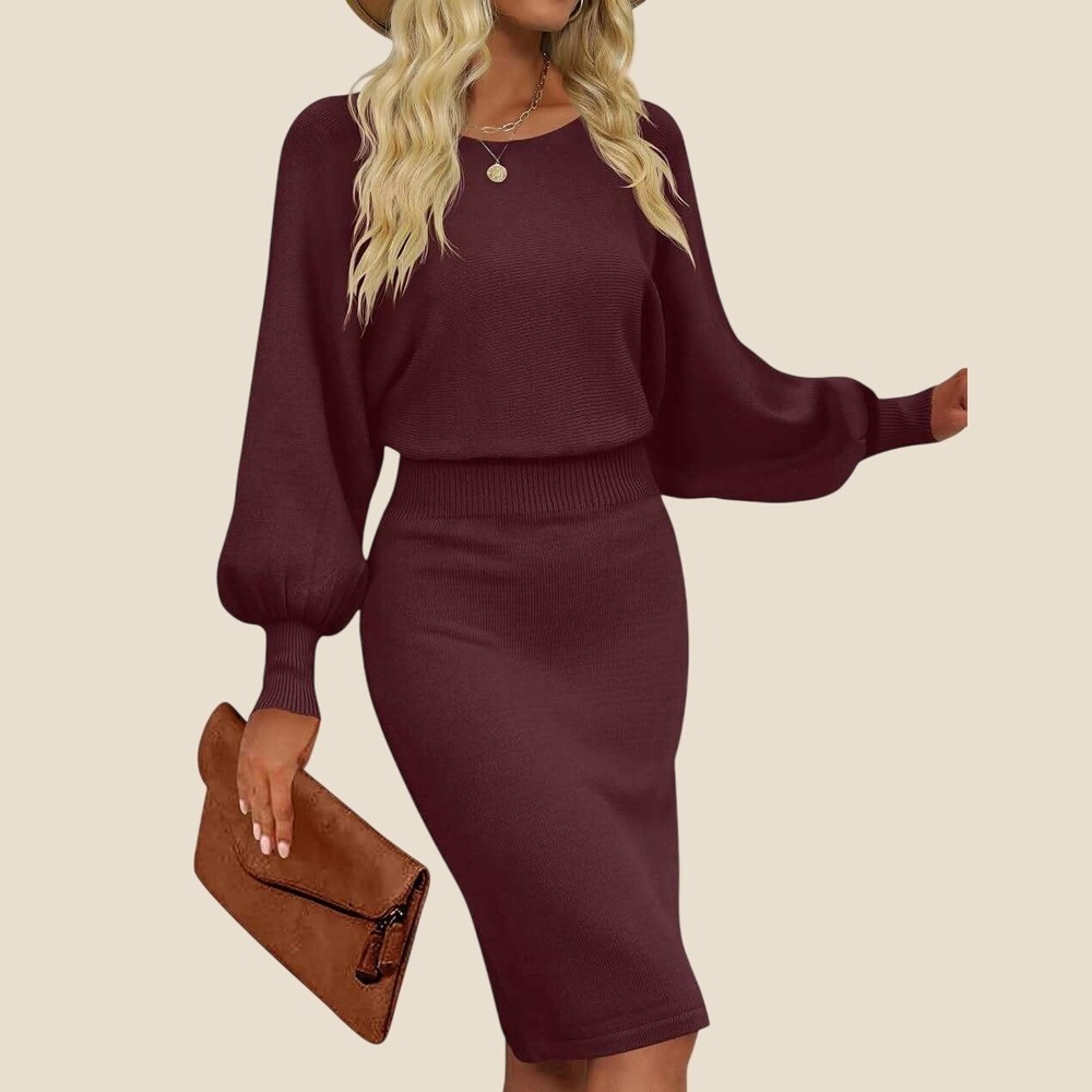 MIROL Womens Sweater Dress XL Burgundy Knit Dolman Sleeve Fitted Waist Midi